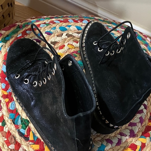 Calleen Cordero Navy Metallic Leather glitter Studded Women's Boots - Picture 4 of 7